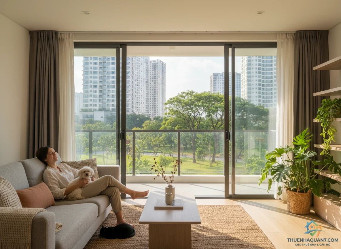 Căn hộ cho phép nuôi thú cưng Quận 7 với không gian sống hiện đại và ban công hướng công viên.