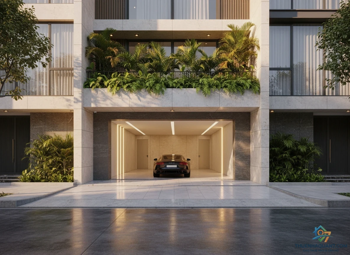 Nhà có hầm Quận 7 thiết kế hiện đại với lối vào bãi đỗ xe rộng rãi và sang trọng.