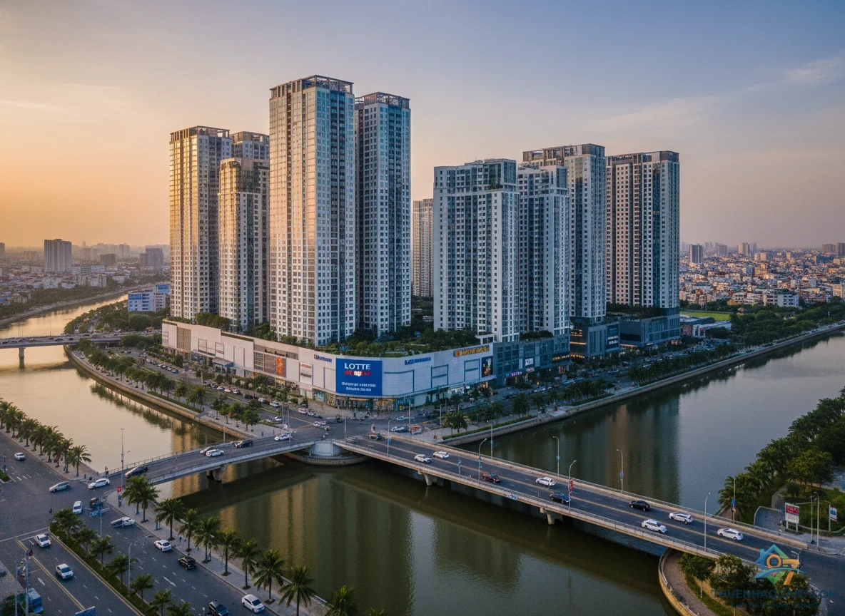 Toàn cảnh khu vực thuê nhà Phường Tân Hưng Quận 7 với các tòa nhà căn hộ cao cấp và siêu thị Lotte Mart sầm uất.